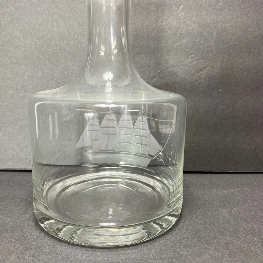 Etched Clipper Ship Sailboat‎ Glass Decanter Clear Nautical Barware Liquor